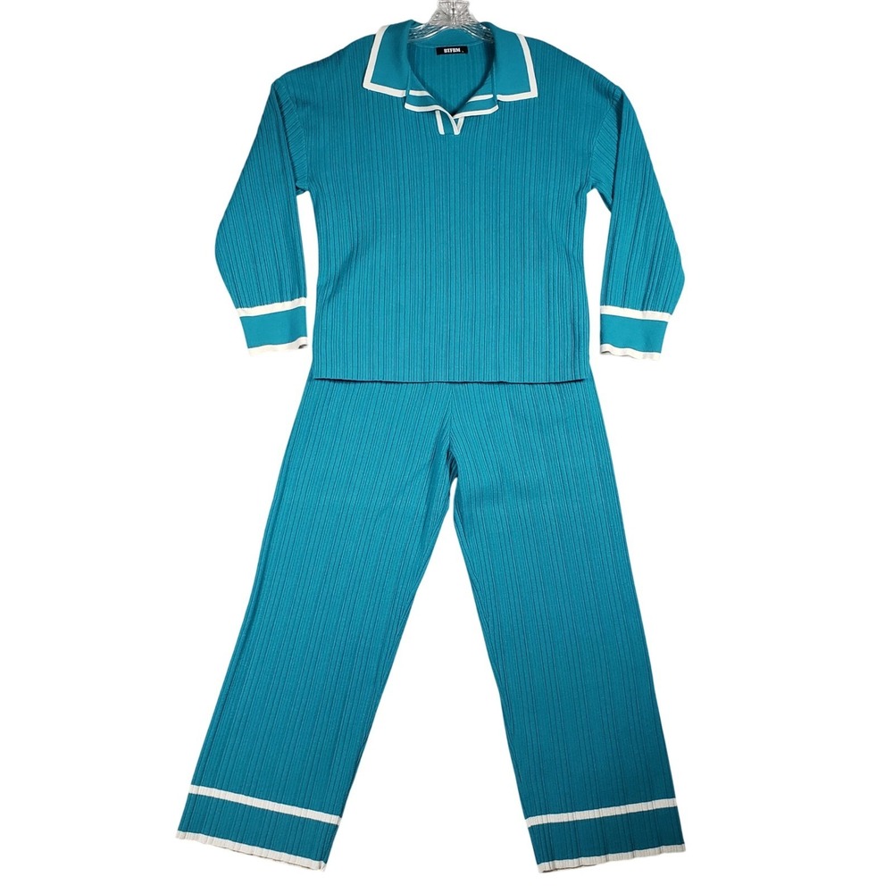BTFBM Womens 2 Piece Lounge Set Large Teal Blue Ribbed Knit Polo & Wide Leg Pant